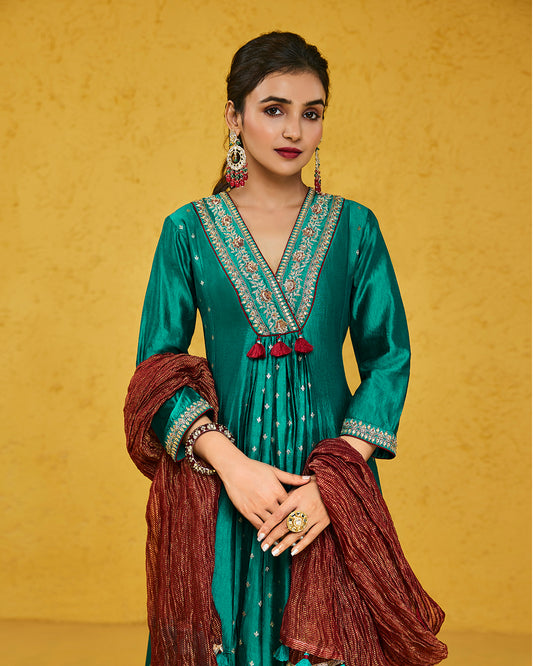 Turquoise Chiniya Silk Anarkali Set