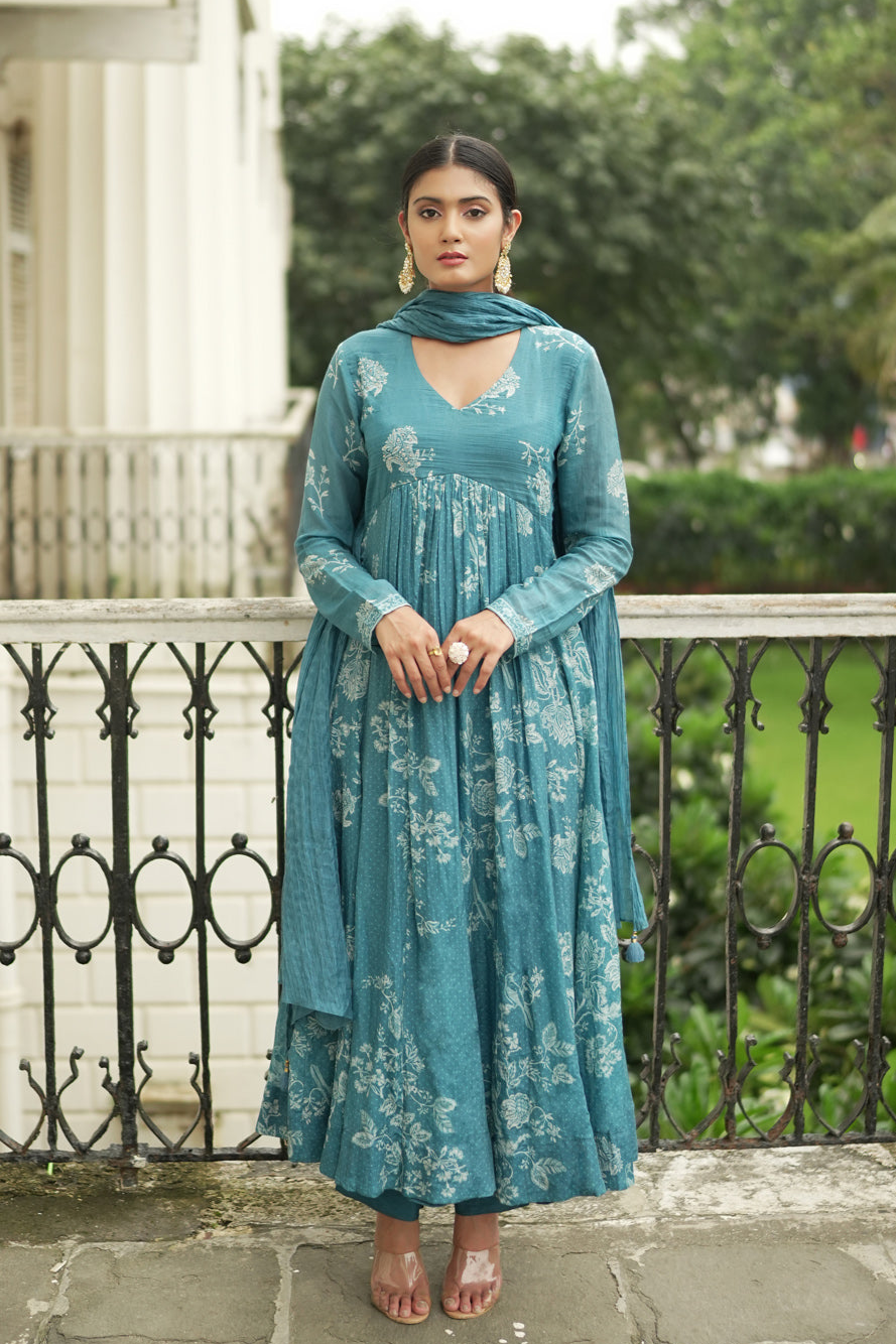 Shop Teal Blue printed Anarkali Set Online | Almari By Pooja – Almaari ...