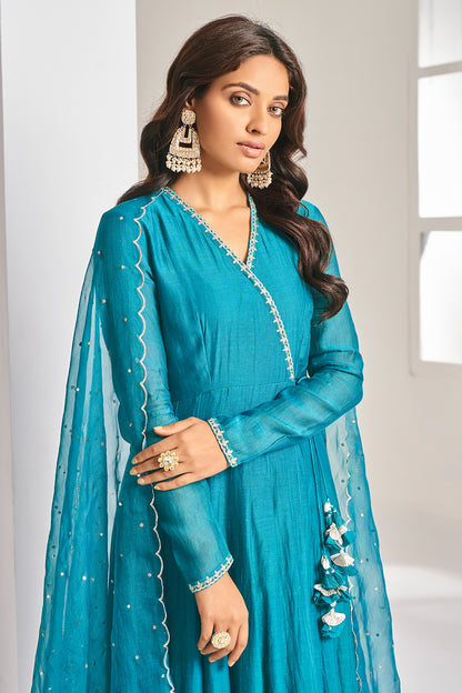 Blue chanderi Anarkali With Pants