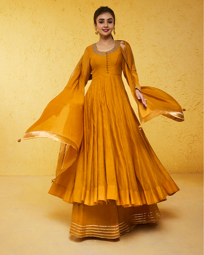 Mustard Yellow Chanderi Anarkali Set